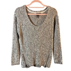 Quinn‎ Womens Marled Knit Scoop Neck Zipper Accent Sweater Black White Medium